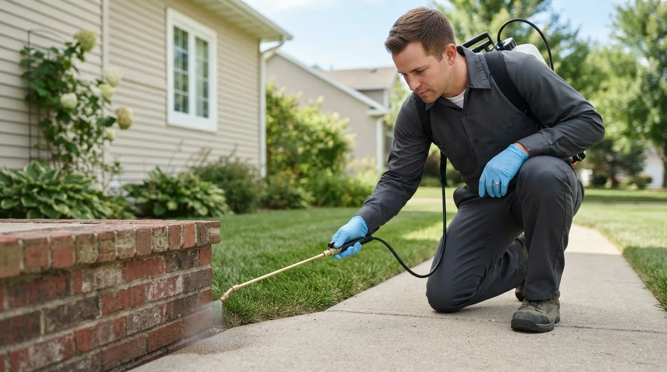 Pest control technician treating a home near Grand River, OH