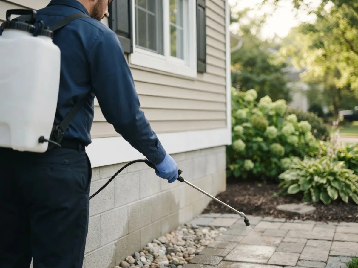 Pest control technician inspecting a home in Grand River, OH